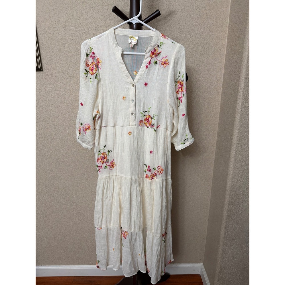 Fig and Flower Ivory Floral Embroidered Tiered Midi Dress Womens Large Boho